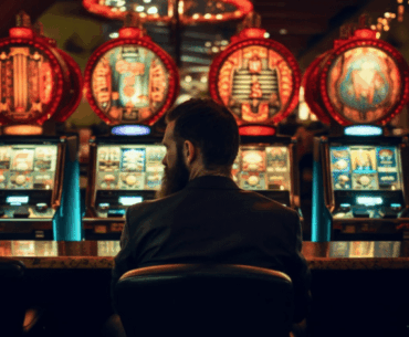 Back of man sitting in a chair facing slot machines in a casino
