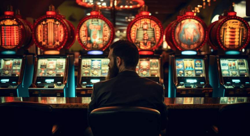 Back of man sitting in a chair facing slot machines in a casino