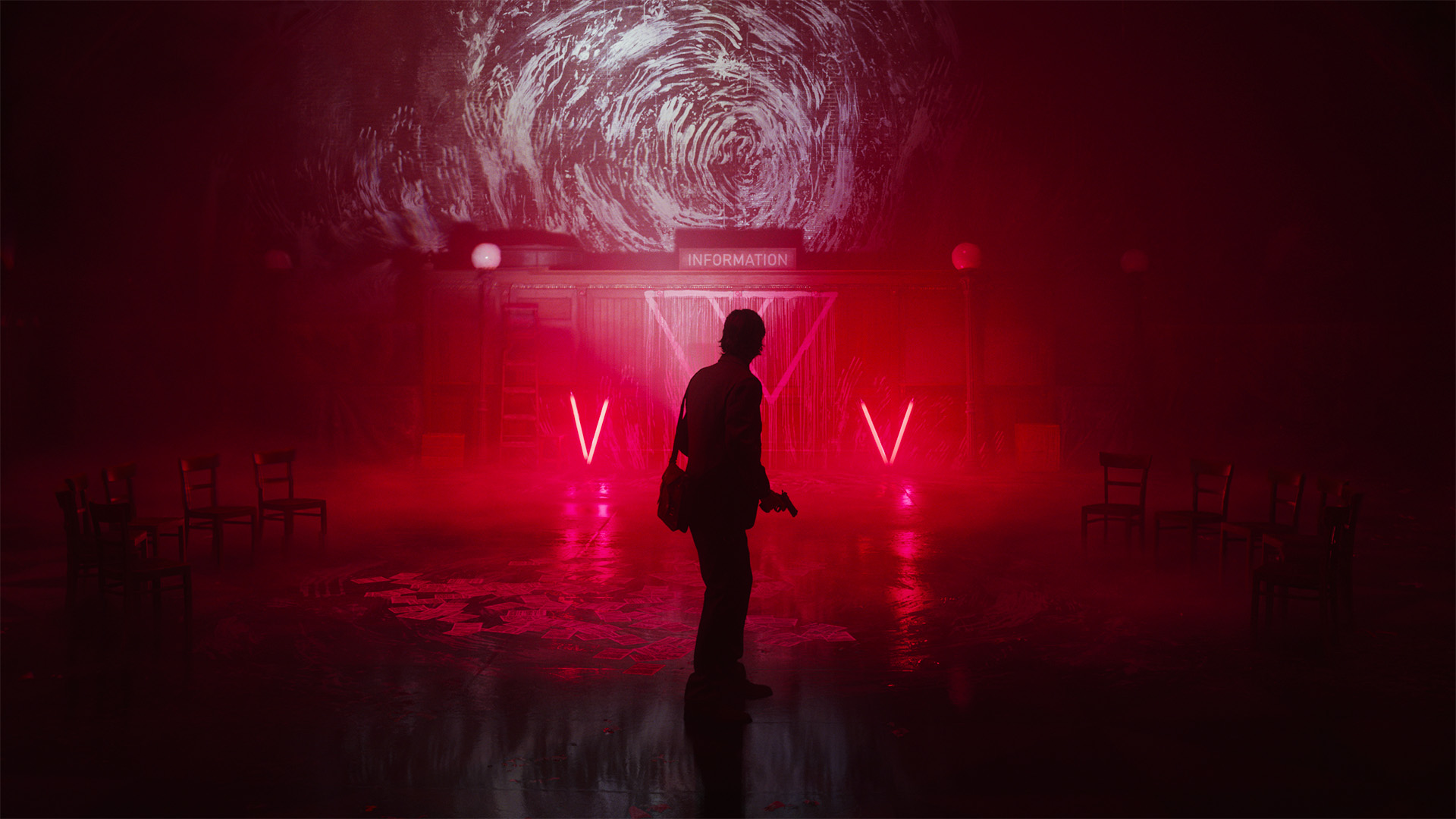 PS Plus getting two of the best horror games of the PS5 era – for free Alan Wake 2 screenshot – silhouetted figure on a red lit backdrop