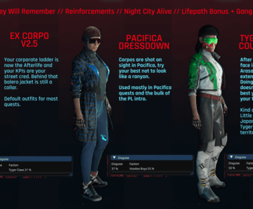 Some screenshots from current playthrough that requires to actually change outfits, there's more but these are the most used recently.
