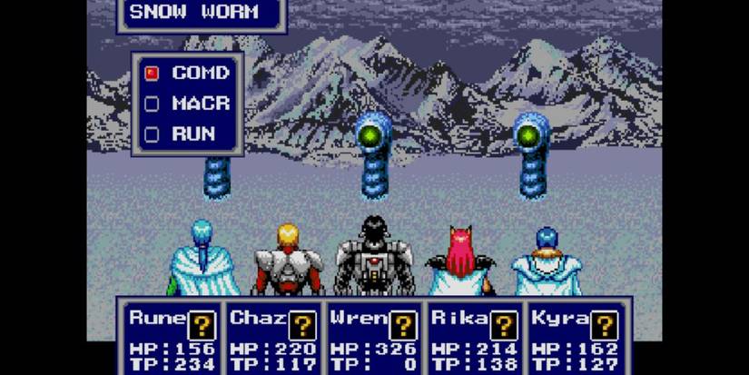 Run, Chaz, Wren, Rika, and Kyra face off against Snow Worms in the Sega Genesis' Phantasy Star IV.