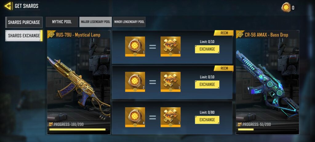 how to get the major shards? codm only gives minor legendary shards