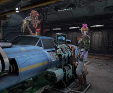 A screenshot from Star Wars: Beyond Victory showing Sebulba standing atop a podracer in a garage, while Luuda stands next to it.