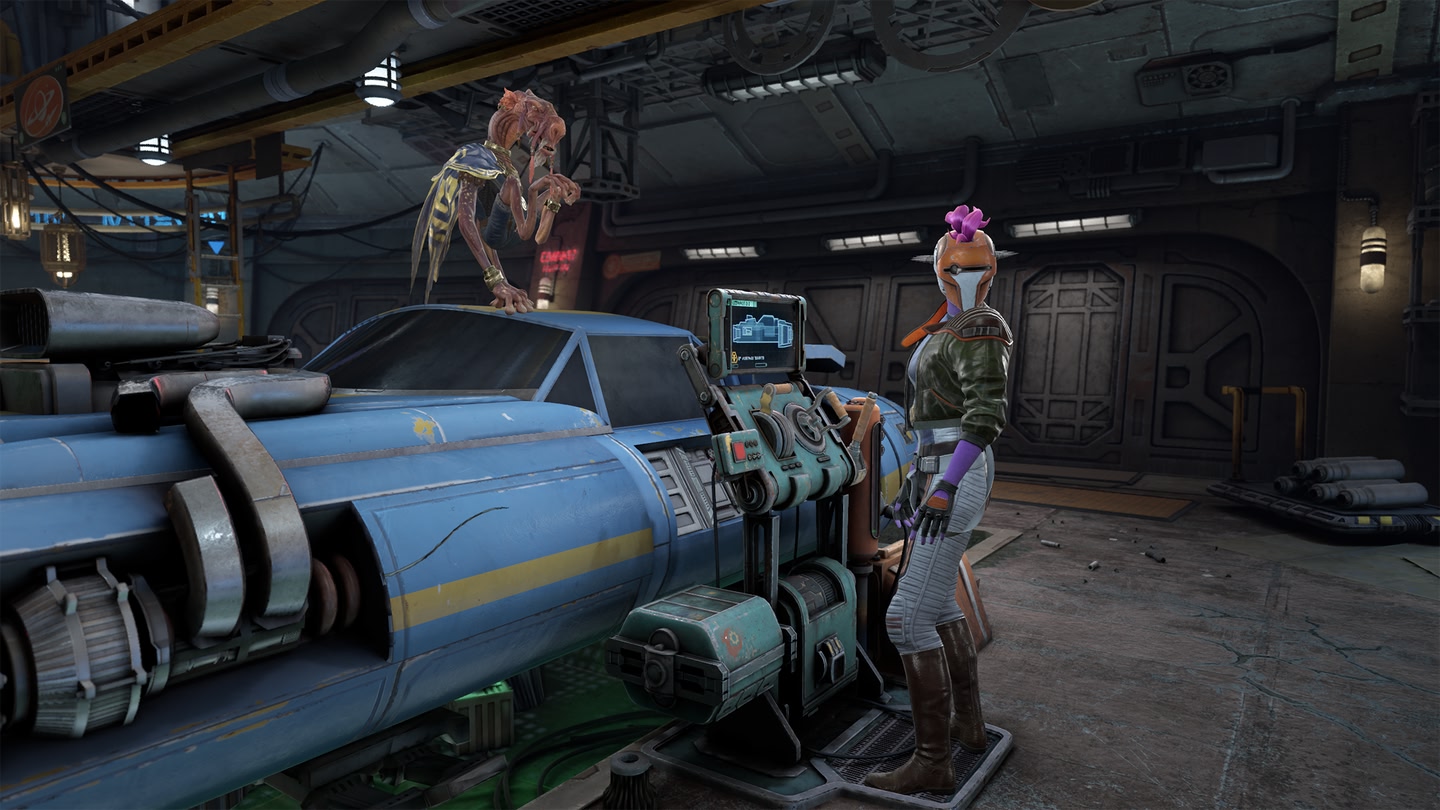 These new Meta Quest games reminded me that VR magic hasn’t faded yet A screenshot from Star Wars: Beyond Victory showing Sebulba standing atop a podracer in a garage, while Luuda stands next to it.