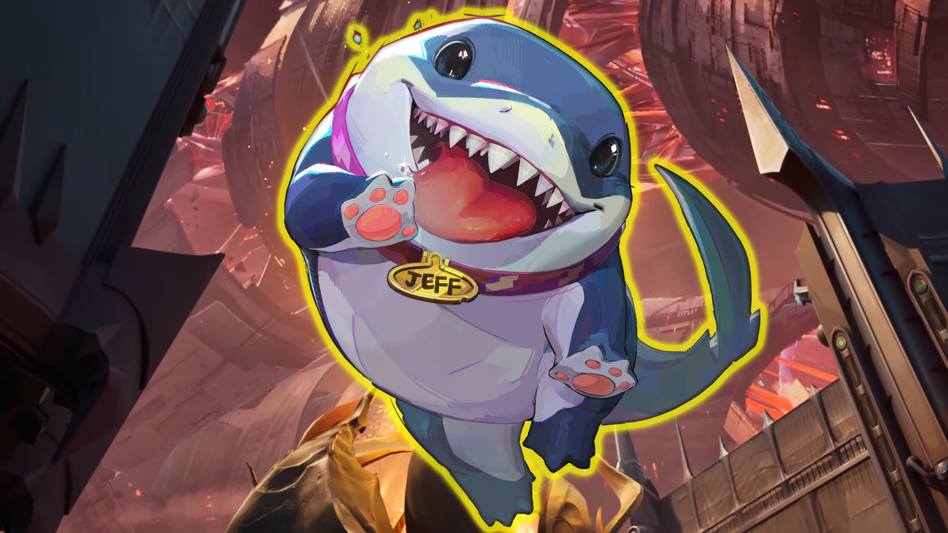 Jeff the Land Shark jumps into the air while waving