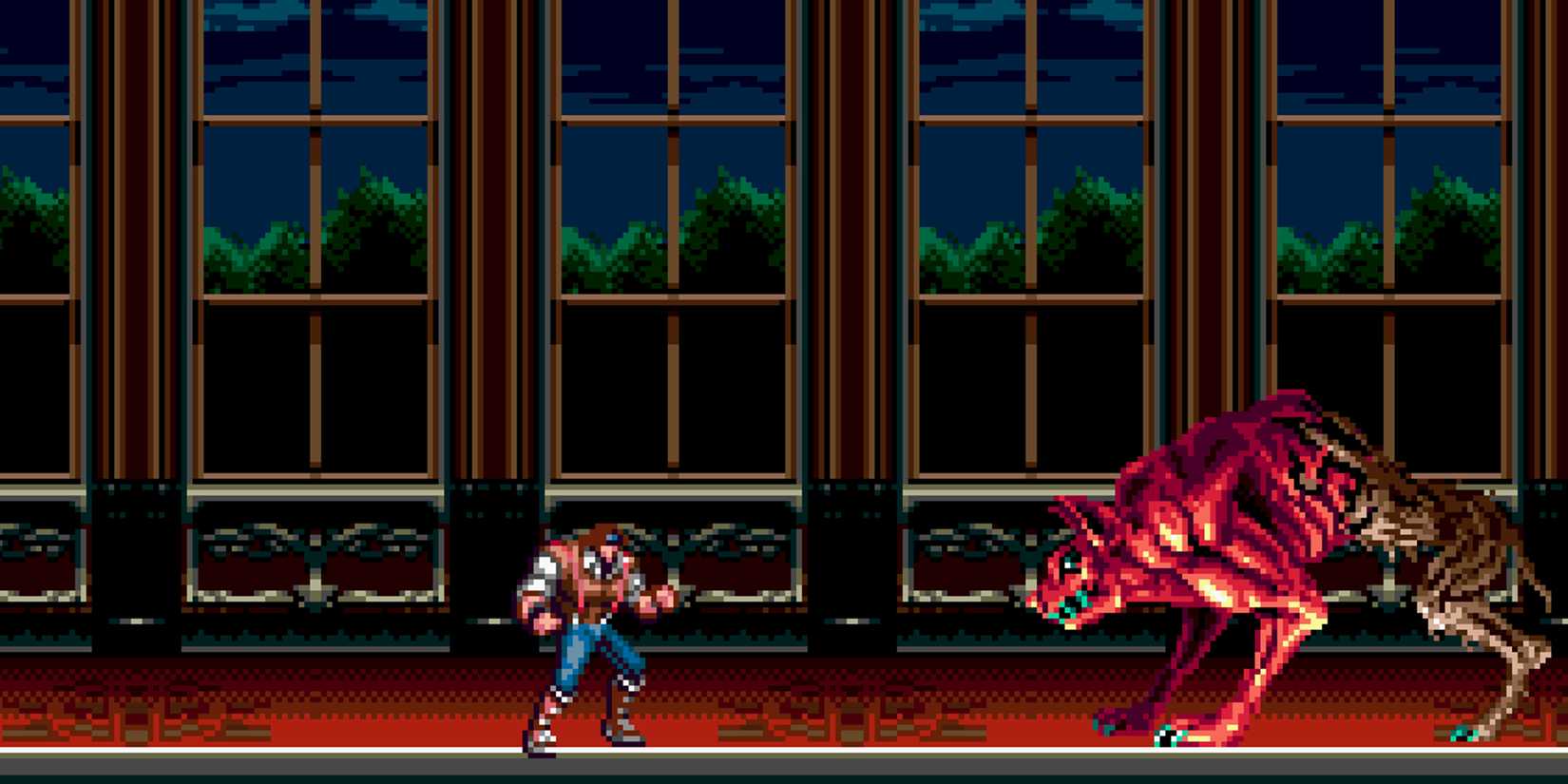 John Morris confronting a red Hellhound in Castlevania: Bloodlines.