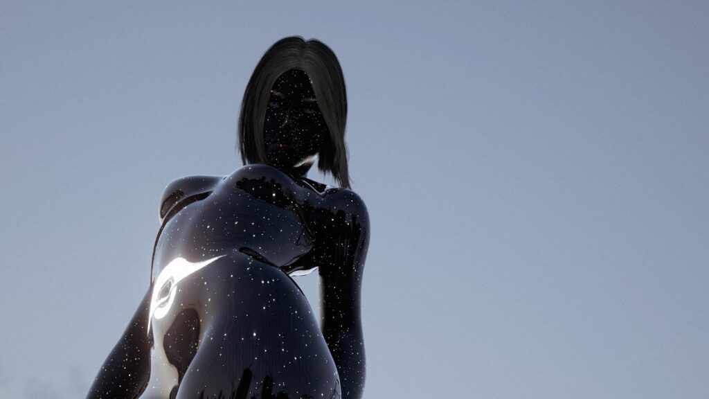 Made this mod that turns your V's body into an interstellar being with a glowing black hole on the stomach (The stars and blackhole glow in the dark too)