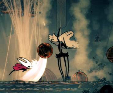 Hornet strikes a falling bell as the boss Widow tugs on silk to trigger more traps in Hollow Knight: Silksong
