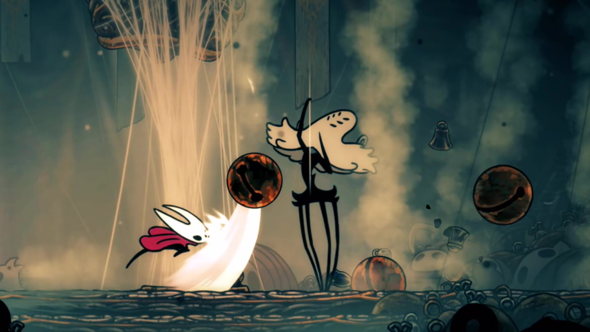I’ve played 100s of hours of Soulslikes, and I think Hollow Knight Silksong is harder than Elden Ring – but what makes games difficult anyway? Hornet strikes a falling bell as the boss Widow tugs on silk to trigger more traps in Hollow Knight: Silksong