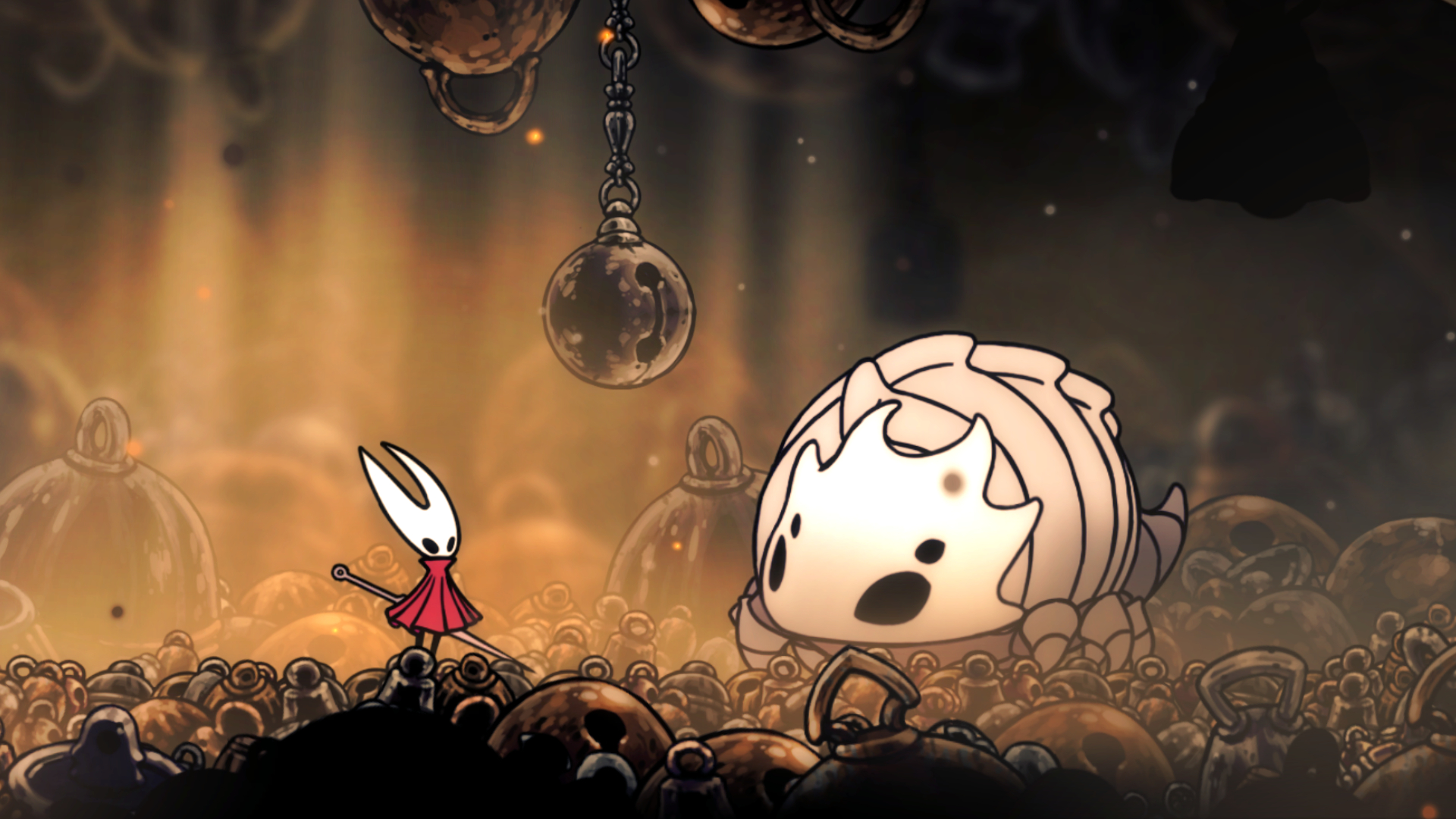 Silksong Bell Beast: Hornet standing face to face with the Bell Beast.