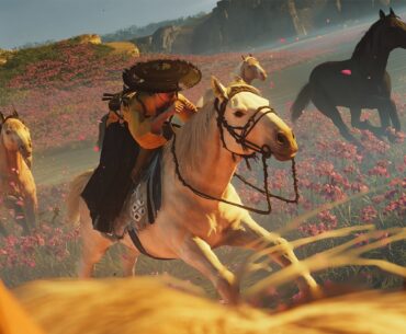 A warrior in traditional Japanese attire rides a white horse through a vibrant field of pink flowers, surrounded by other galloping horses under a bright sky.