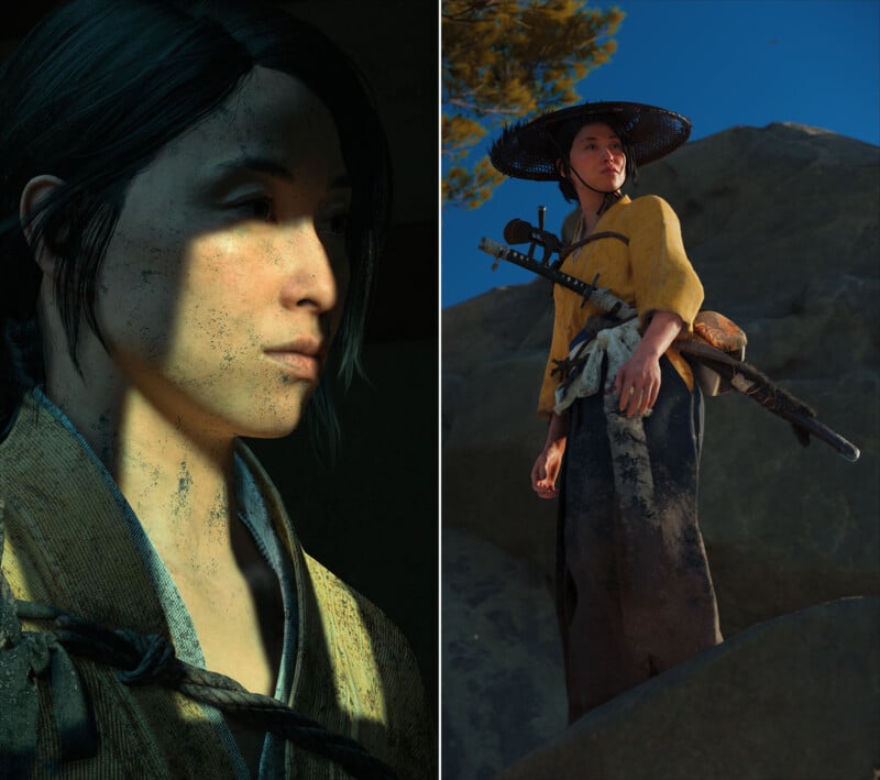 Split image: On the left, a close-up of a woman in traditional Japanese clothing with sunlight across her face. On the right, she stands outdoors on rocks, holding a sword, wearing a yellow top and a wide-brimmed hat.