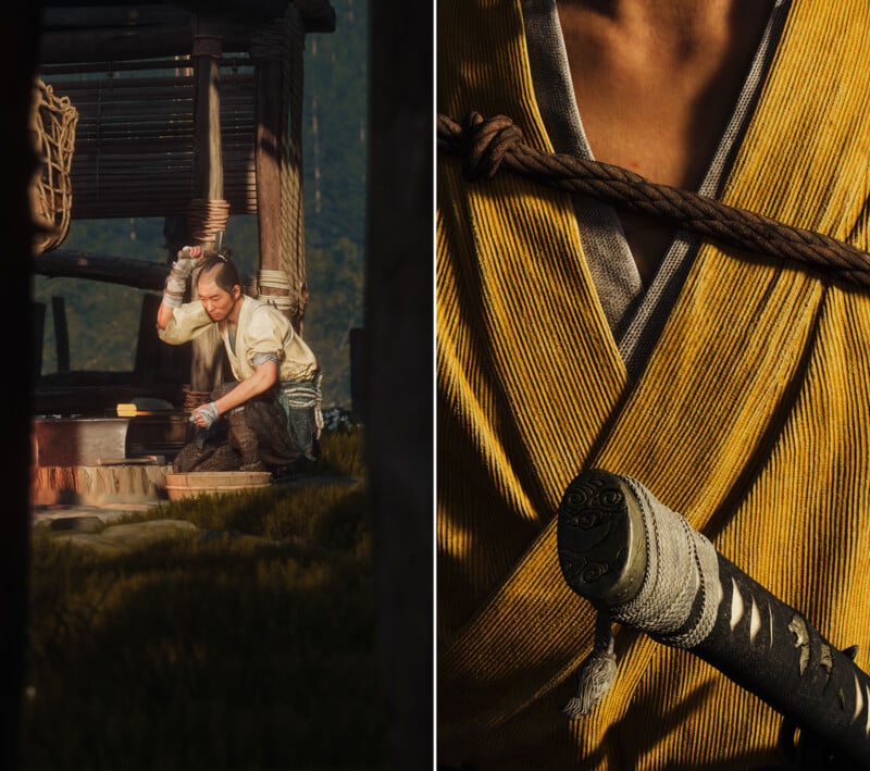 A split image: on the left, a person hammers metal at a forge outdoors; on the right, a close-up of a person wearing a yellow robe with a sword strapped across their chest.