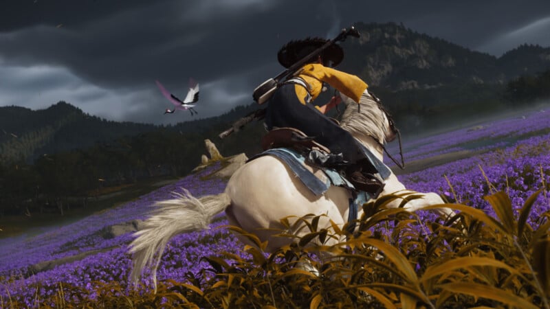 A person wearing a hat and yellow clothing rides a white horse through a vibrant field of purple flowers, with dark stormy clouds above and a bird flying nearby. Mountains and trees are visible in the background.