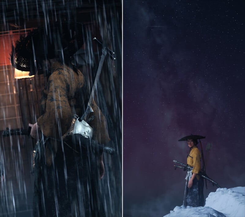 Split image: On the left, a person in a straw hat and yellow robe stands in heavy rain at night. On the right, the same person stands in snow under a starry sky, looking back while holding a sword.