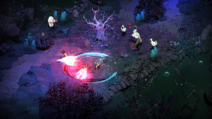 hades-ii-erebus-combat Melinoë swinging a dagger and sickle at enemies in Hades II.