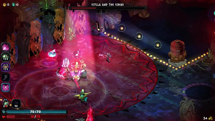 hades-ii-scylla-fight Melinoë in a red ring running from Scylla and the Sirens in Hades II.
