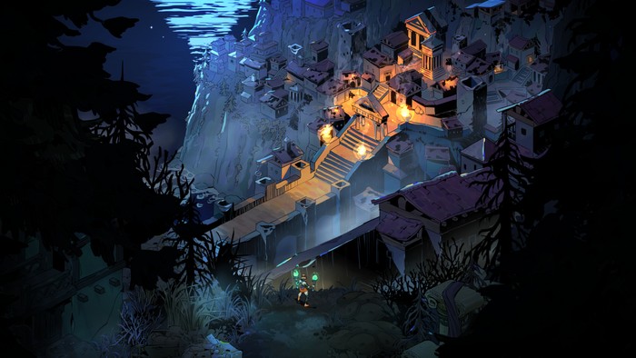 hades-ii-town Melinoë on a cliff looking down at a dimly-lit coastal town in Hades II.