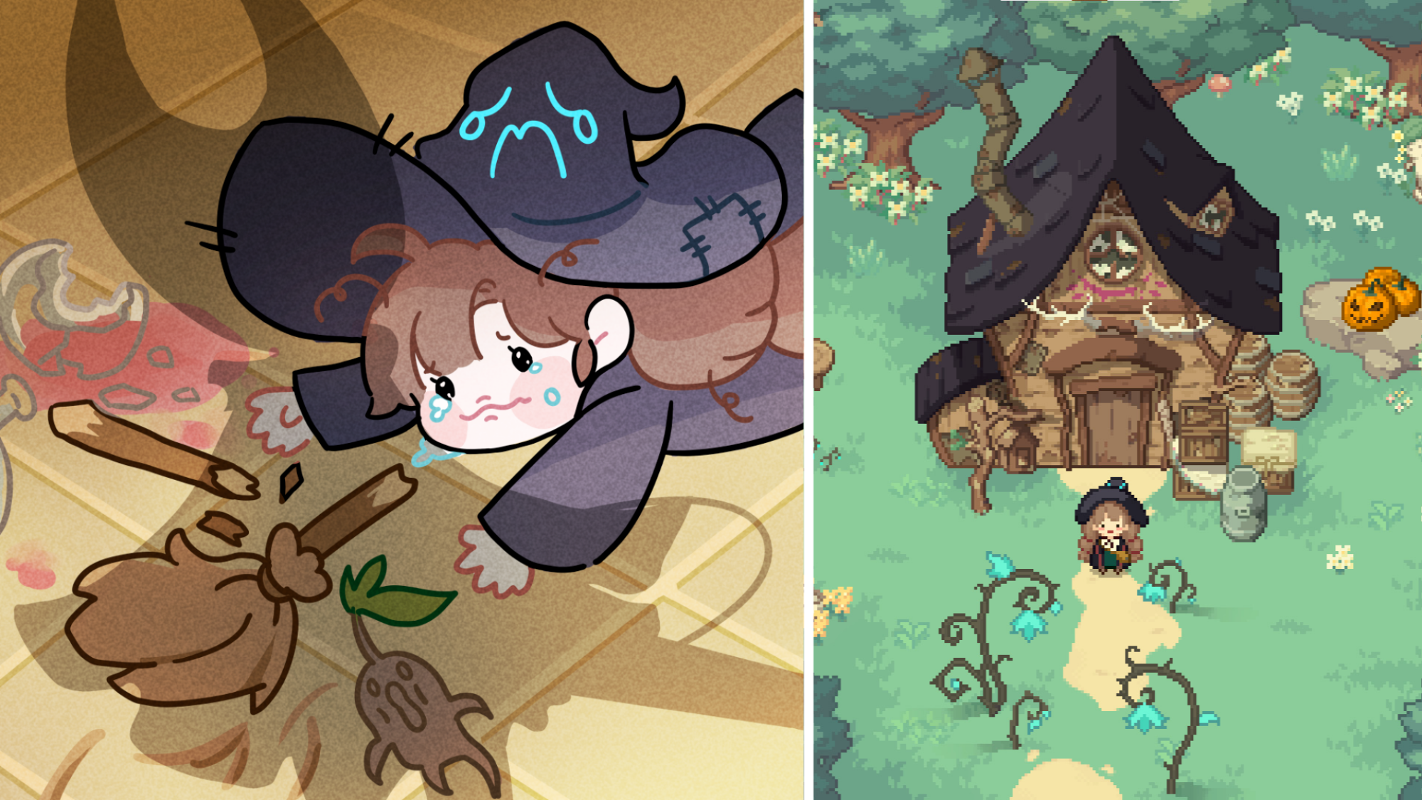 On the left is an illustration of the 'Little Witch in the Woods' protagonist lying on the floor next to a broken broom, with the shadow of 'Hollow Knight: Silksong' protagonist Hornet looming over her. On the right is a screenshot from 'Little Witch in the Woods' showing the protagonist in front of her house.