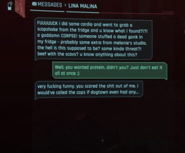 Turns out you can shove a body into Lina Malinas fridge and she’ll text you about it later