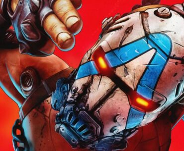 Borderlands 4 close-up of the Psycho bandit mask. The character is gesturing toward the view with two fingers, like they're picking a fight, and stands out on a red background.