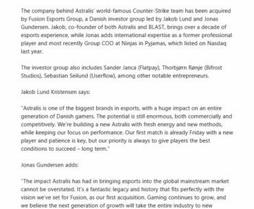 Astralis have been bought by "Fusion Esports Group"