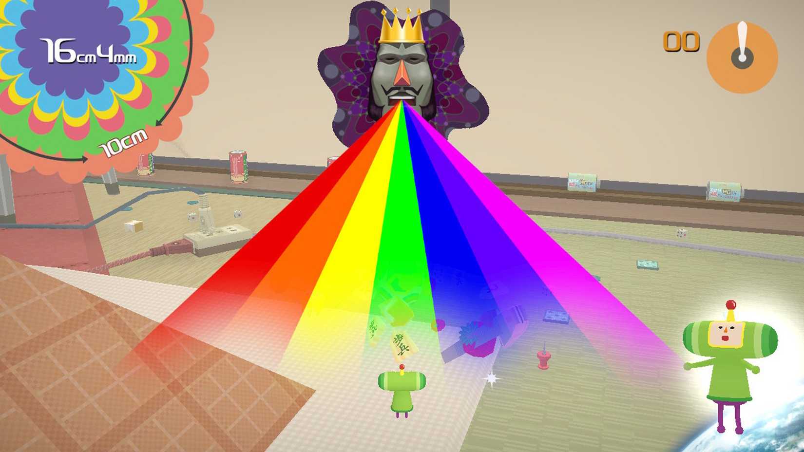 The King of All Cosmos creating a rainbow road for the prince to travel on