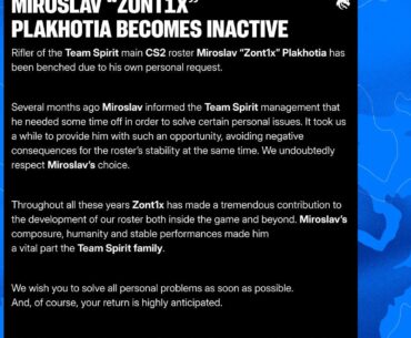 Official: Team Spirit bench zont1x due to personal reasons