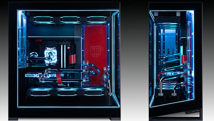 Front and side views of Maingear's Apex Force desktop PC on a black and gray gradient background.