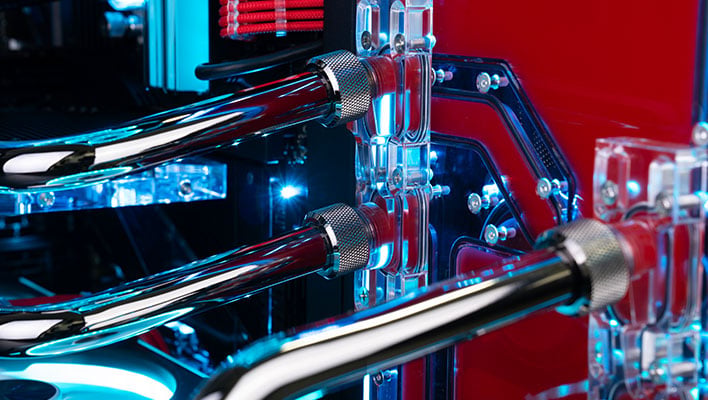 Closeup of the hardline liquid cooling tubes in the Maingear Apex Force.