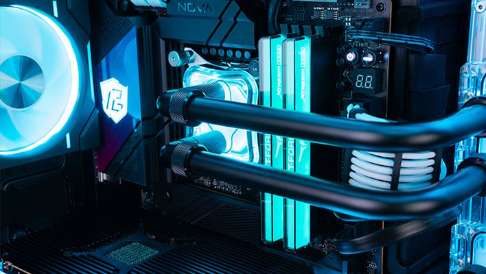 Closeup of the liquid cooling tubes in the Maingear Apex Rush desktop.