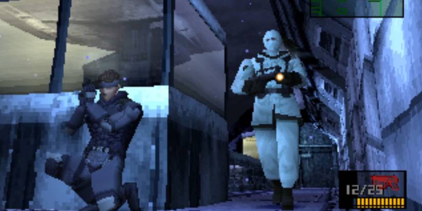 Metal Gear Solid Snake crouching with a soldier coming up beside him