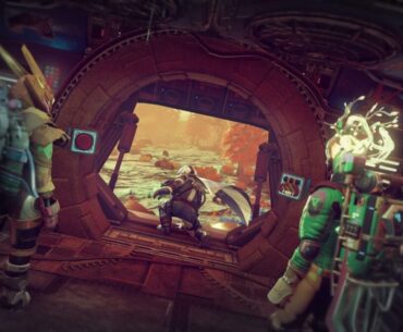 Player characters stand at a ship's entrance.