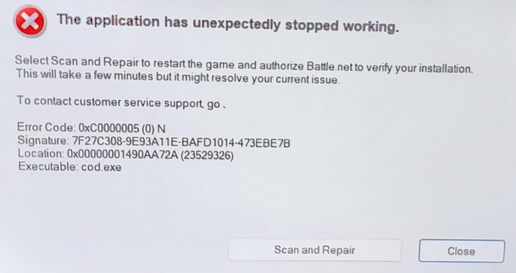 Error Code: 0xC0000005 (0) N what is the problem and what is the solve ?