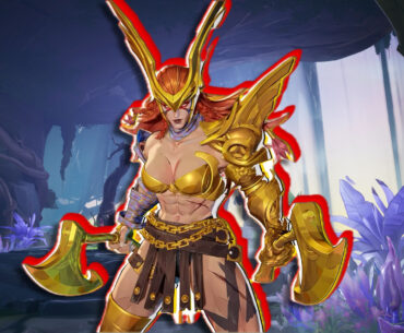 Angela stands posing with two axes