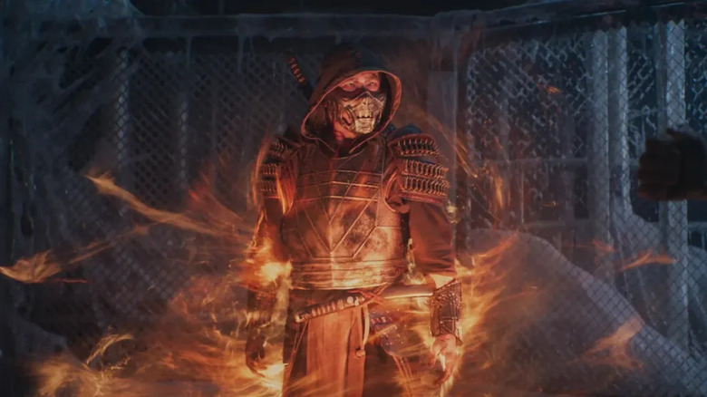 Scorpion (Hiroyuki Sanada) appears in a blaze of fire in Mortal Kombat (2021)