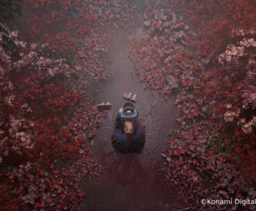 hinako is in a middle of a field of red plant and bloody lumps of flesh