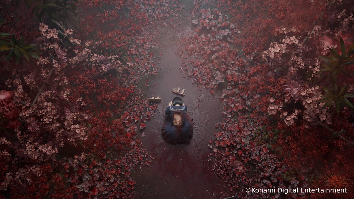 Silent Hill f Review — CNET hinako is in a middle of a field of red plant and bloody lumps of flesh