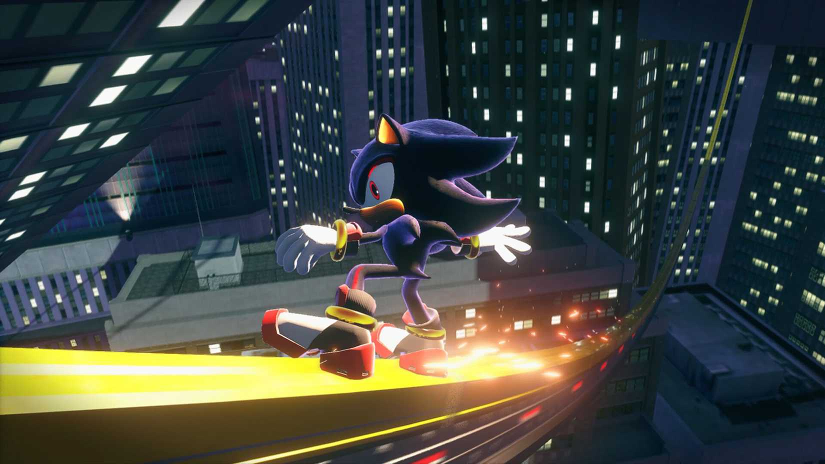 Shadow grinds on a rail in Sonic X Shadow Generations.