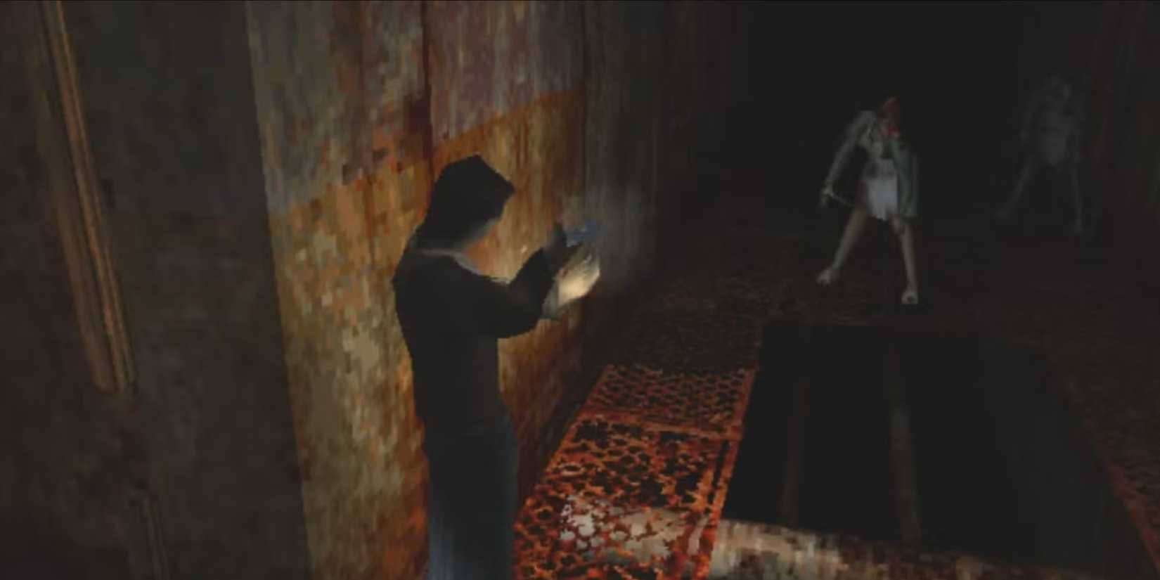 A screenshot of the player shooting at an enemy in Silent Hill 1