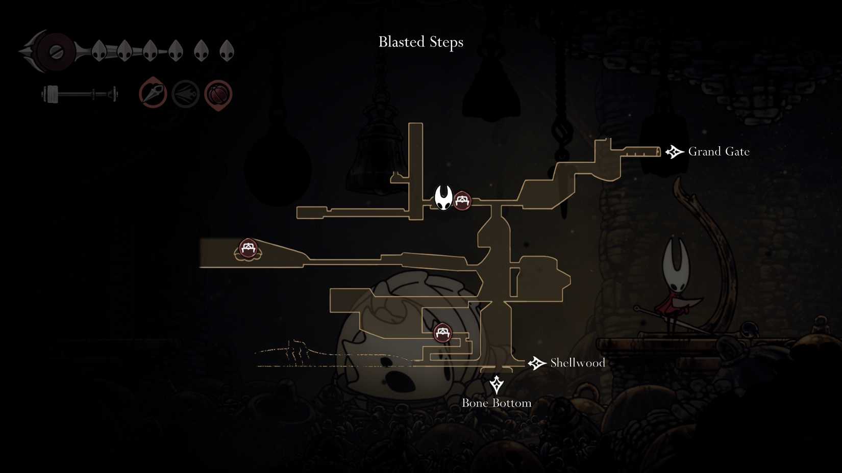 A map showing the bench and Bellway station at the start of the Last Judge runback in Silksong