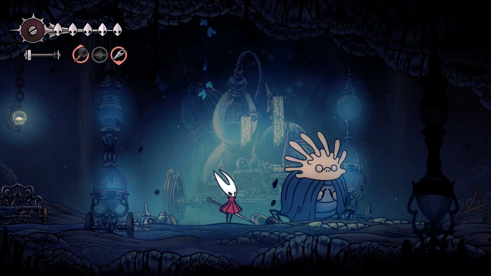 Hornet standing next to Zylotol the alchemist in Silksong
