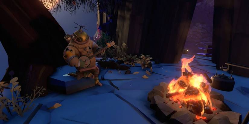 An astronaut with a guitar sitting around the fire