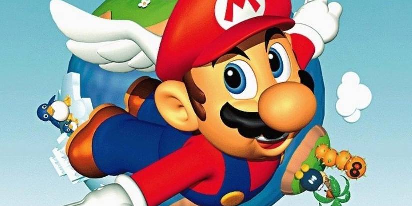 Mario flies on the Super Mario 64 cover art.