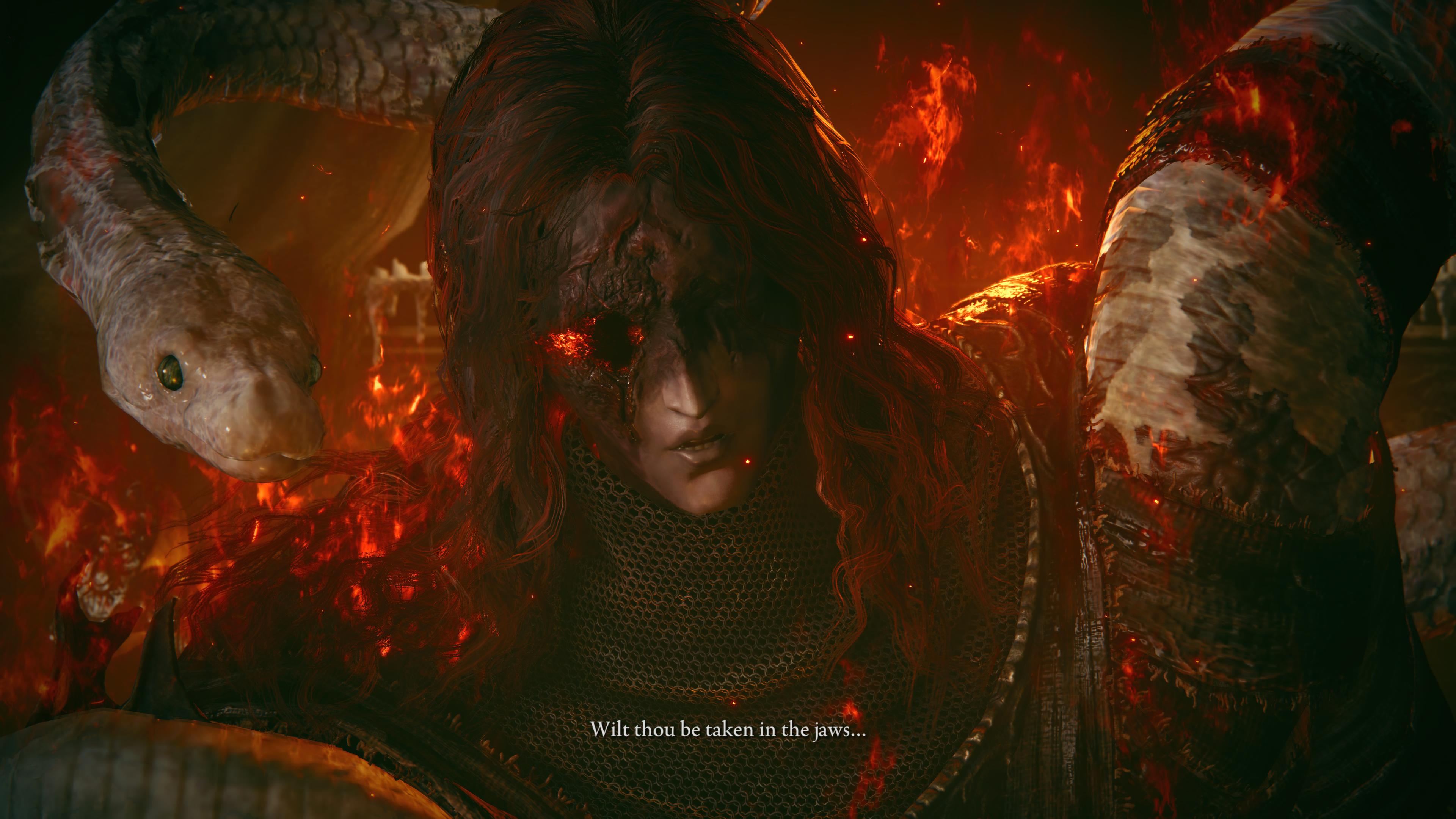 Messmer the Impaler confronts the player in Elden Ring: Shadow of the Erdtree in a cutscene, asking 'Wilt thou be taken in the jaws?'