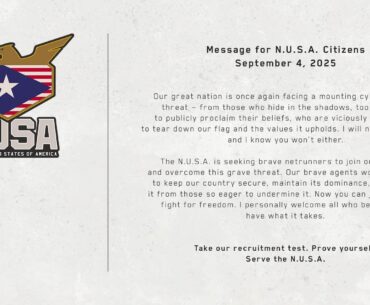 Important message for N.U.S.A. Citizens from President Rosalind Myers.