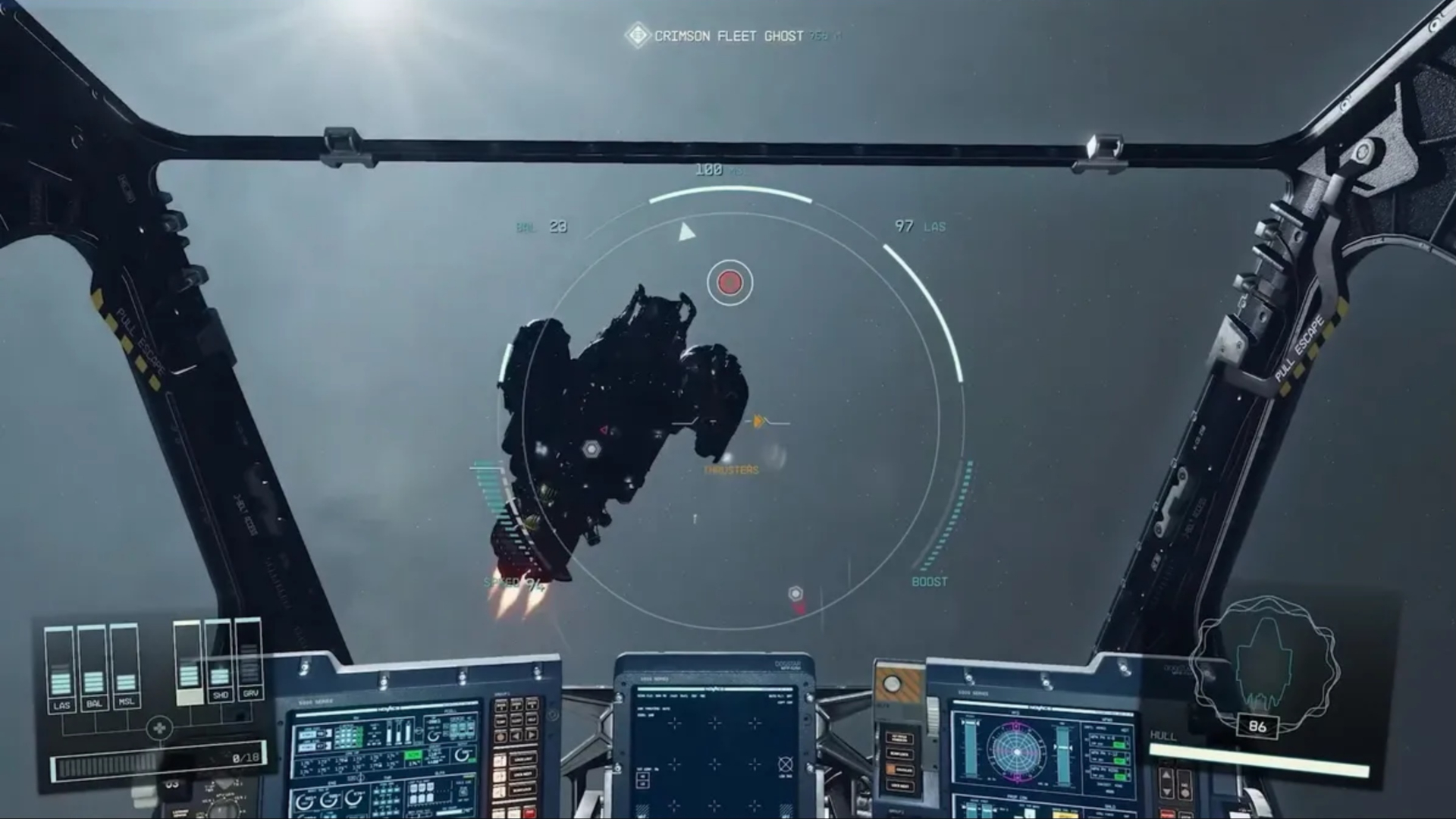 Screenshot from Starfield showing the inside of a ship's cockpit, as the ship pursues another spacecraft.