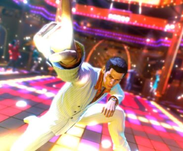 Kiryu in white suit on dance floor in club striking disco pose on light up floor
