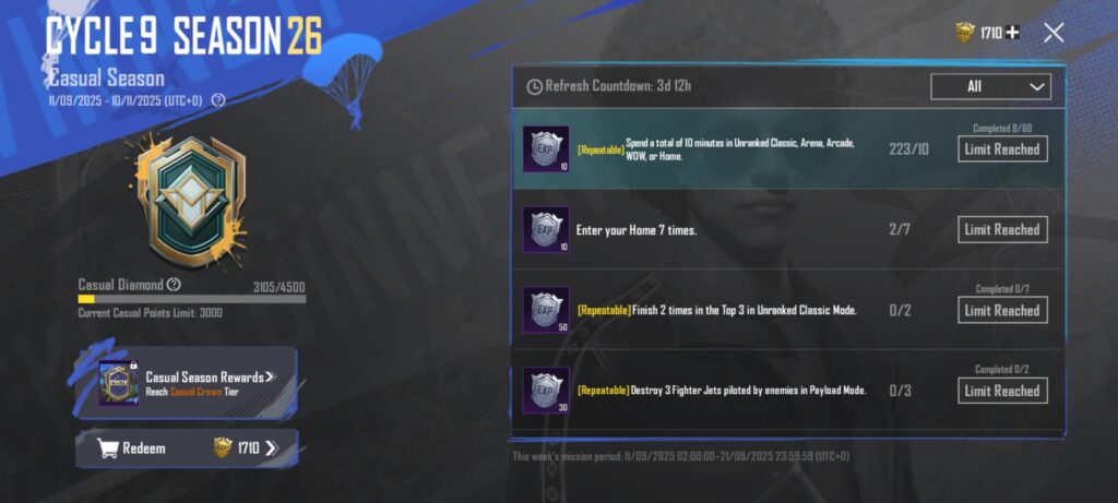 Unable to do casual season misisons