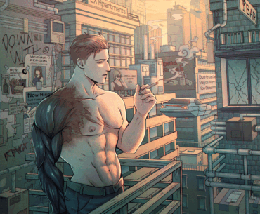 [OC] Drawing of my character with a cityscape backdrop